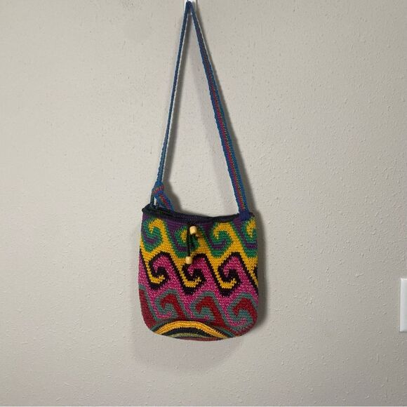 Women's Boho Artisanal Colorful Crochet/Knit Crossbody Bag W/ Drawstring Closure - Picture 10 of 15